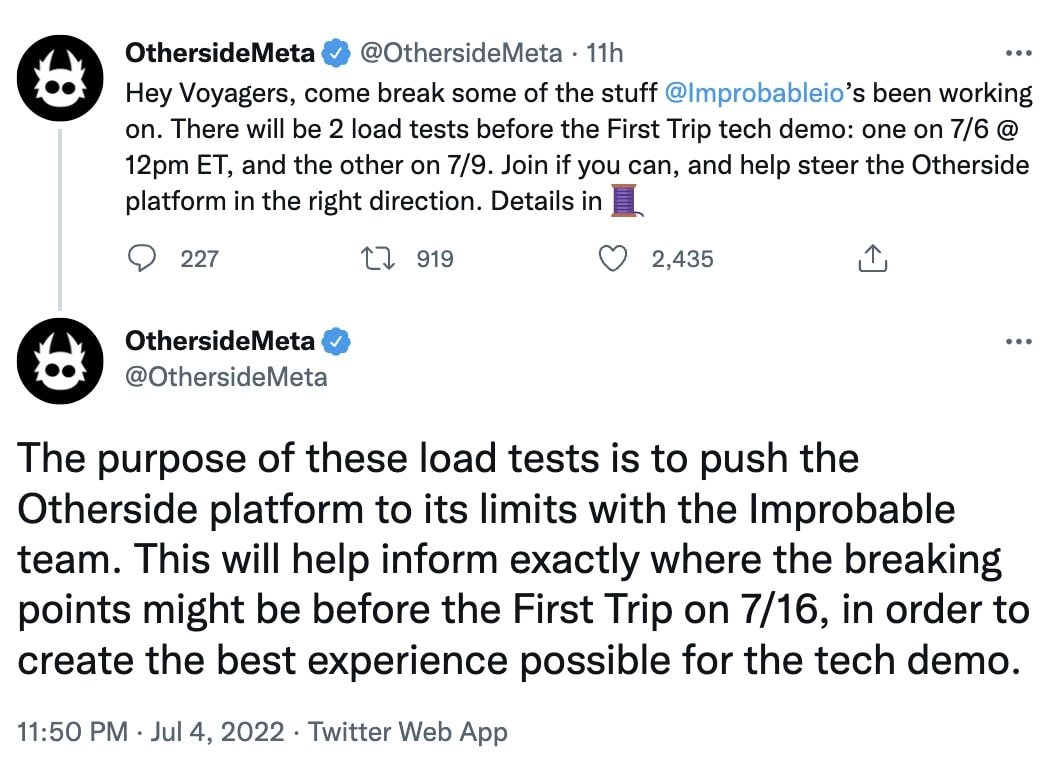 Tweet sobre o teste do metaverso do Otherside