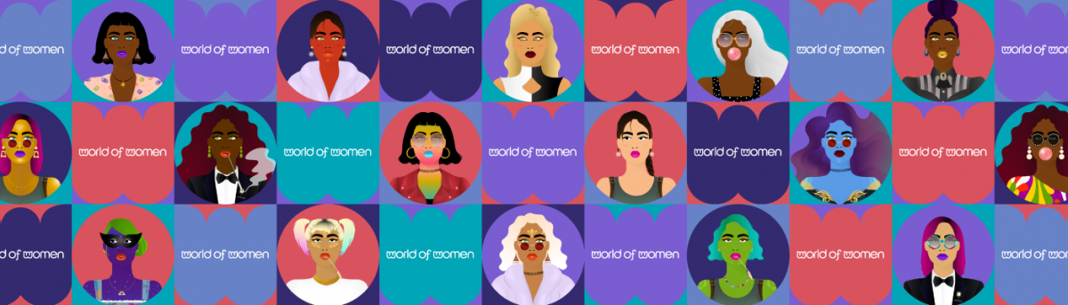 Três fileiras de NFTs coloridas do World of Women, várias mulheres em diferentes penteados e roupas e outras características, intercaladas com o logotipo do World of Women.